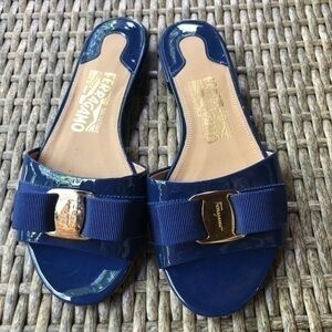 Salvatore Ferragamo Blue Vera Bow Ribbon Slide 5.0
